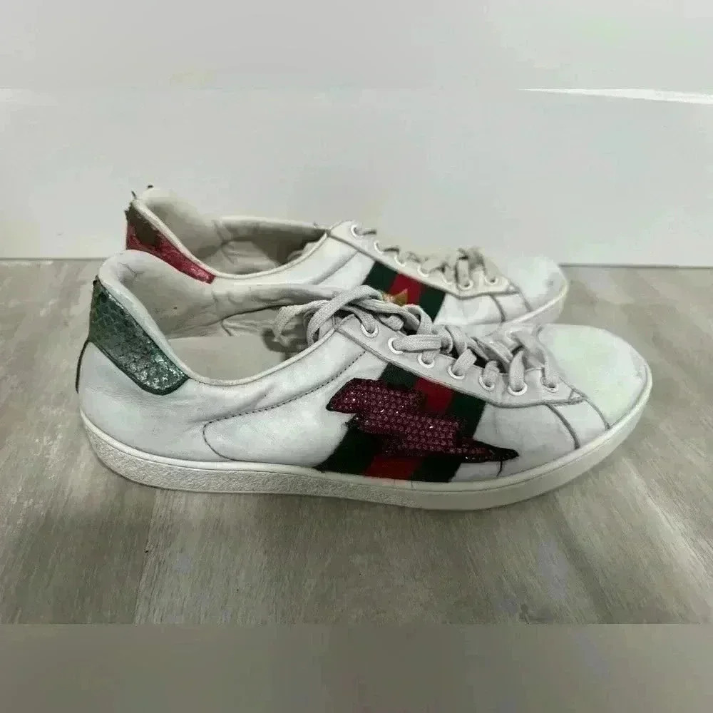 Gucci White Leather Ace Sneakers Lightning Bolt Star Red Green Mens Size 8G - Picture 10 of 14